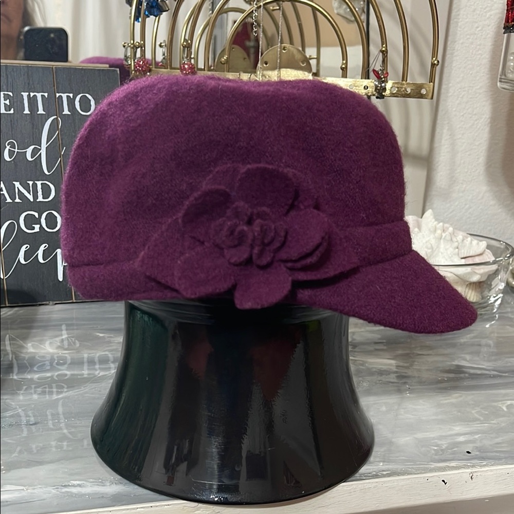 Attention Purple Newsboy Hat with Flower Accent